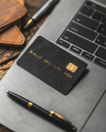 Business set with black credit card, leather wallet, expensive pen and laptop on wooden office table. Premium banking concept.の素材