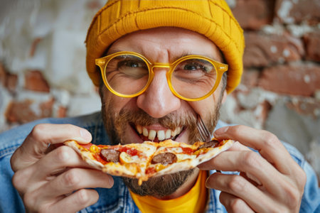 Close-up portrait of a funny bearded Caucasian man in yellow glasses, knitted hat and denim shirt holding two pizza slices. Cheerful guy eats pizza, laughing and squeezing his eyes.の素材