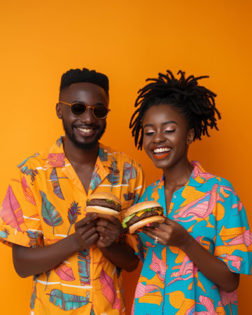 Young African American couple standing over yellow background holding yummy burgers. Man and woman in casual clothes eating junk food and having fun. Fast food at lunchtime.の素材