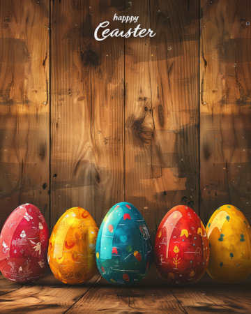 Happy Easter. Row of colorful hand painted Easter eggs on vintage wooden background. Easter decoration, banner, background with copy space for text.の素材
