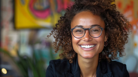 Close-up portrait of charming young African American woman in bright cozy room. Confident, enthusiastic girl with glasses laughs while looking at camera.の素材