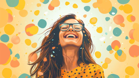 Portrait of charming young woman against colorful background. Confident, enthusiastic lady with glasses laughs with her eyes closed. Cartoon stylized illustration.の素材