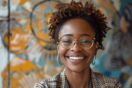 Close-up portrait of charming young African American woman in bright cozy room. Confident, enthusiastic girl with glasses laughs while looking at camera.の素材