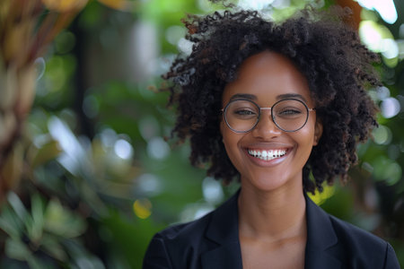 Close-up portrait of charming young African American woman against green foliage background. Confident, enthusiastic girl with glasses laughs while looking at camera.の素材