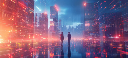Silhouettes of business people on the background of futuristic city office buildings and skyscrapers with abstract digital pattern. Digital big data technology, business network connection concept.の素材