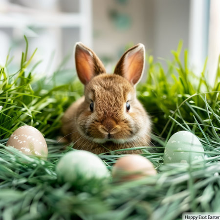 Little cute bunny and colorful Easter eggs in the spring green grass. Easter decoration, banner, background with copy space for text. Happy Easter.の素材