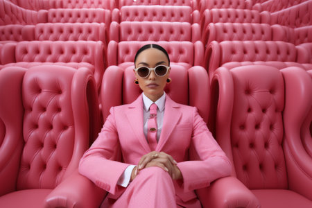 Man in stylish pink suit seated in an elegant pink theaterの素材