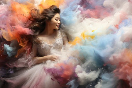 Elegant woman in sparkling dress surrounded by colorful smoke cloudsの素材