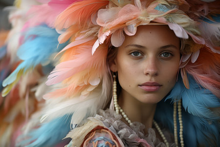 Elegant woman adorned with vibrant feathers and boho chic accessoriesの素材