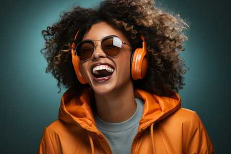 Joyful African American woman dancing and enjoying music in headphonesの素材