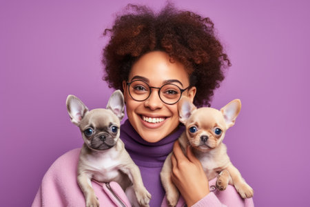 Joyful woman with afro hair cuddling two adorable Chihuahuasの素材