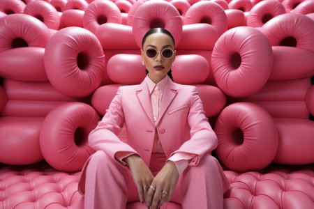 Elegant woman in pink suit surrounded by vibrant pink inflatable ringsの素材