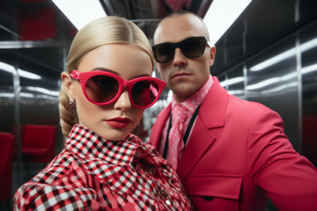 Elegant couple in red posing for a glamor shot with a modern vibeの素材