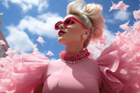 Fashion model in vibrant pink dress and accessories posing under blue skyの素材