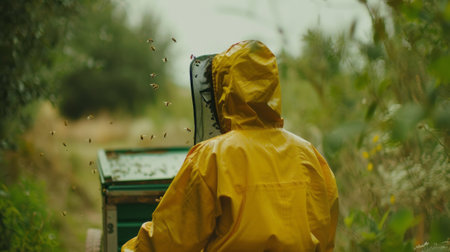 This image shows a beekeeper wearing a yellow protective suit and headdress, probably practicing beekeeping outdoors. Surrounded by a small swarm of bees, the beekeeper appears to be standing near a beehive set in the natural landscape, indicating that beekeeping or honey harvesting is ongoing. This scene highlights the importance of beekeepers in maintaining bee colonies and stimulating honey productionの素材