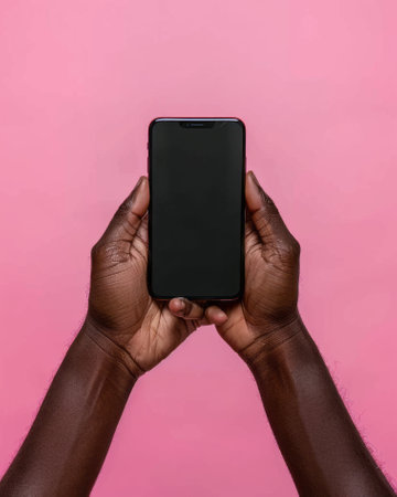 Close-up of an African American mans hands skillfully holding a sleek smartphone against a hot pink background, highlighting the elegant contrast and modern connectivity. African American mans hands holding an electronic device, a smartphone in his hands, isolated on a pink background. Copy space.の素材