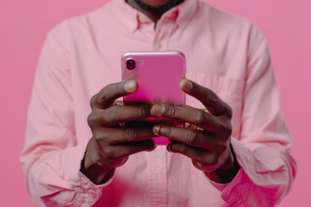 Elegant hands holding smartphone on a bright pink or coral background with copy spaceの素材