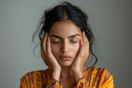 Close-up portrait of a young Indian woman with her eyes closed and immersed in her thoughts, wearing traditional yellow clothes against a gray background. Copy space.の素材