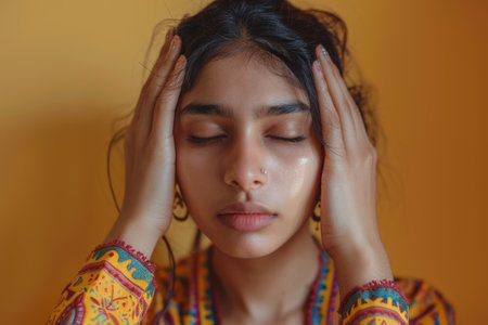 Serene Beauty: A Woman in Yellow with a Contemplative Expression, Lost in Her Thoughtsの素材