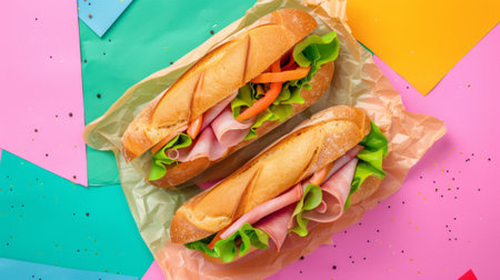 Two bright gastronomic sandwiches with ham and fresh salad on a colorful backgroundの素材