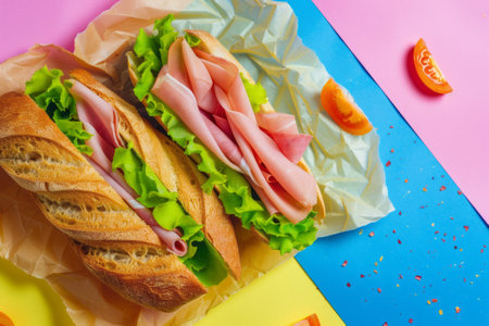 Artistic composition of classic ham and salad sandwiches on a bright backgroundの素材