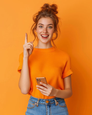 Smiling woman in orange top pointing upward with smartphone in handの素材