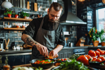 Master Chef in Action: Focused on Creating a Culinary Masterpiece in a Well-Equipped Restaurant Kitchenの素材