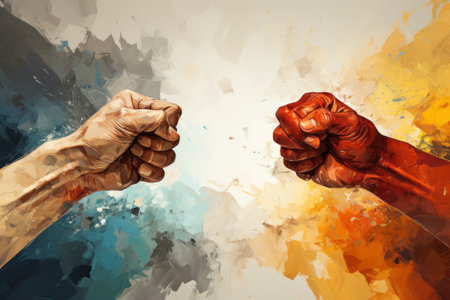 Vibrant abstract artwork of two fists pointing with dynamic brush strokesの素材