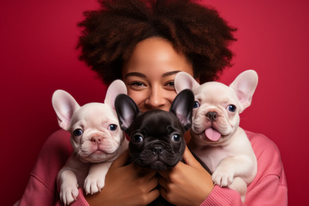 Joyful woman with afro hair cuddling adorable French bulldog puppiesの素材