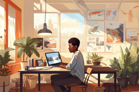 Modern home office with a man working on laptop in a sunny, plant-filled roomの素材