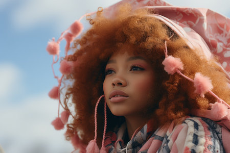 Elegant woman with vibrant curly hair and pink pom-pom hat posingの素材