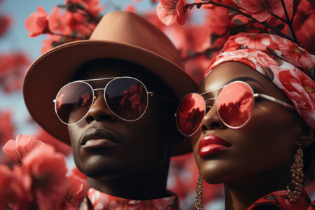 Elegant woman in a hat with blooming flowers and stylish accessoriesの素材