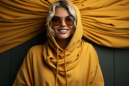 Joyful woman with sunglasses smiling in golden yellow fabric backdropの素材