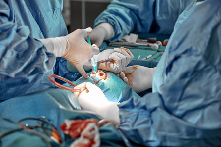 Rhinoplasty close-up of nose surgery. The hands of the surgeon working tools in white glovesの写真素材