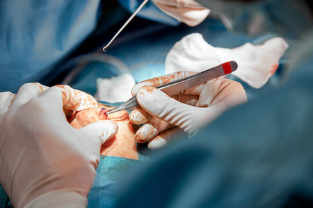 Rhinoplasty close-up of nose surgery. The hands of the surgeon working tools in white gloves