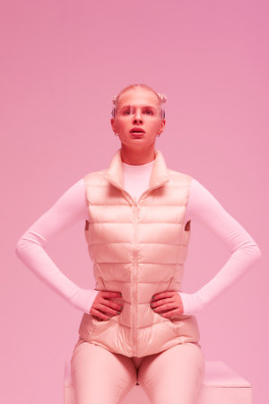 business, media, future technology, information and people concept - close up of woman in eyeglasses with virtual screen projection pointing finger to earpieceの写真素材