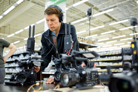 Behind the scenes of filming movies and video products, setting up equipment for shooting video and sound. The concept of producing video content for social networks, TV and blogs.の写真素材