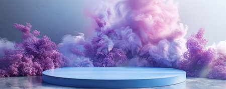 Blue circular platform surrounded by purple and pink cloudsの写真素材