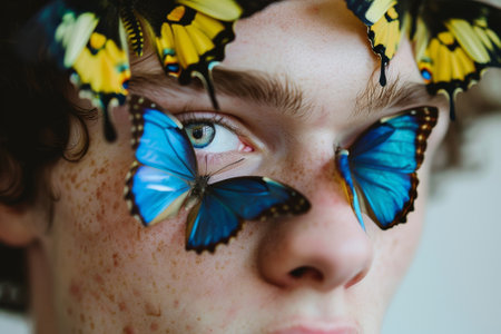 Close-up portrait of a young man with butterflies on his face, emphasizing a surreal and dreamy atmosphereの写真素材