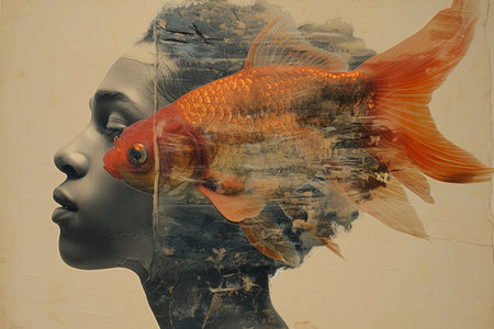 Surreal collage of a womanâs profile blended with a goldfishの写真素材