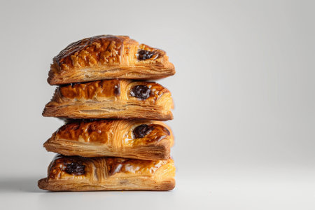 Stack of three freshly baked pain au terre pastries on white backgroundの写真素材