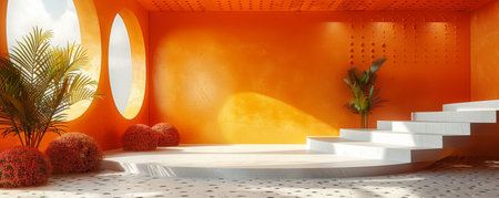 Modern interior with abstract shapes and geometric forms in vibrant orange tonesの写真素材