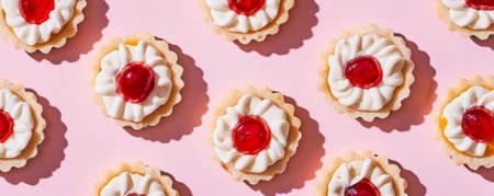 Pattern of white jam tarts with cream and cherry on pink backgroundの写真素材