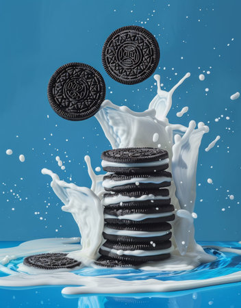 Delicious stack of Oreo cookies with splashing milk against a blue backgroundの写真素材
