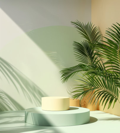 Minimalistic podium display with tropical plants and sunlight shadowsの写真素材
