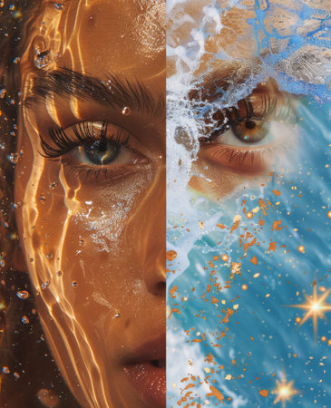 Photo collage of woman with dual aesthetic, wet face and water splash