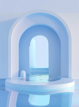 Minimalistic 3D blue podium with water reflections and light effectsの写真素材