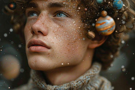 Surreal portrait of a man wearing a grey turtleneck with floating planets and starsの写真素材