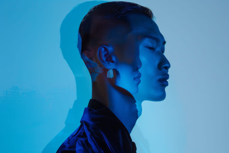 Double exposure portrait of an Asian male model in a blue light settingの写真素材