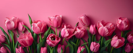 Elegant pink tulips on the left side against a pink backgroundの写真素材